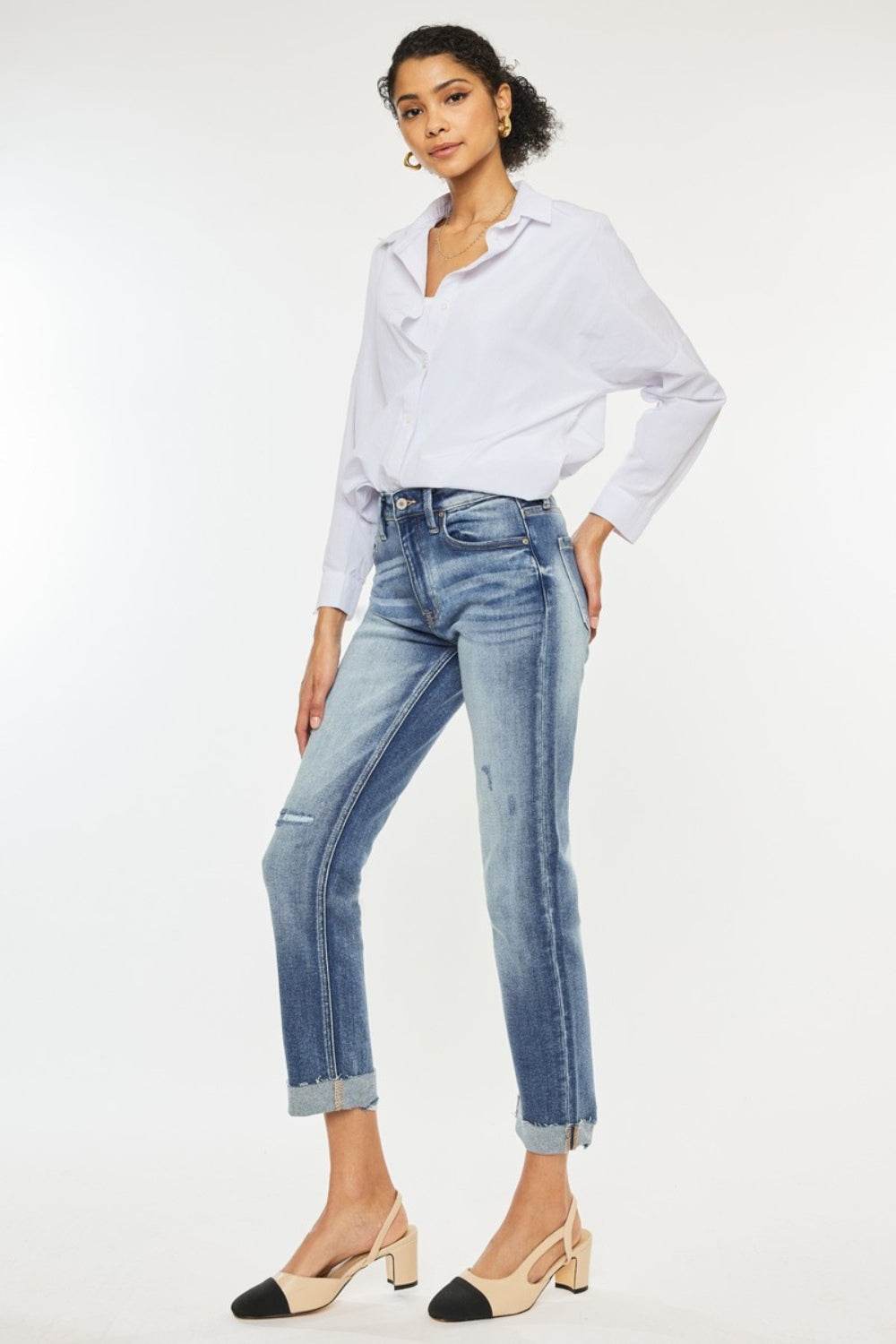 High Rise Cuffed Straight Jeans - Amexza