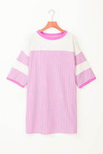 Striped Round Neck Three-Quarter Sleeve Mini Dress for a perfect OOTD – dress to impress outfits from Amexza