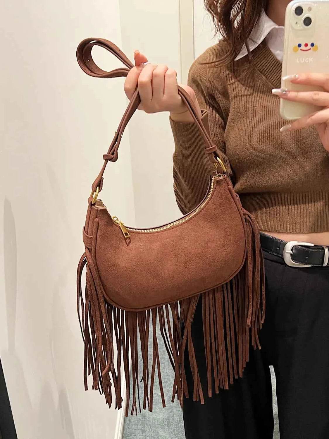 Fringe Solid Color Shoulder Bag Chocolate One Size for a perfect OOTD – dress to impress outfits from Amexza
