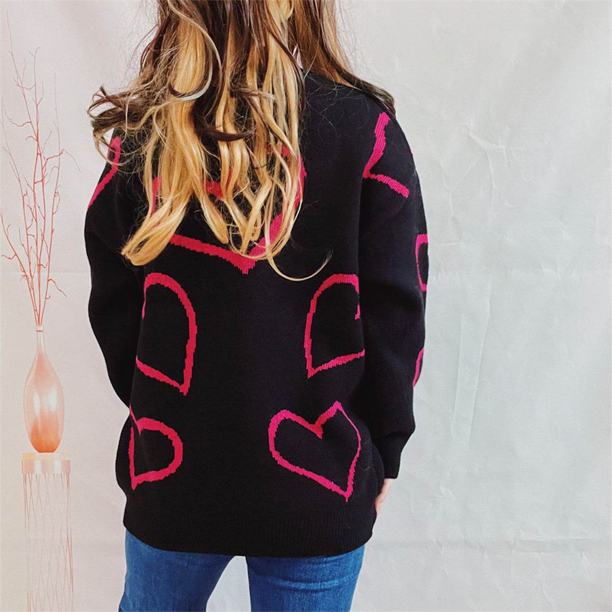 Heart Pattern Long Sleeve Sweater for a perfect OOTD – dress to impress outfits from Amexza