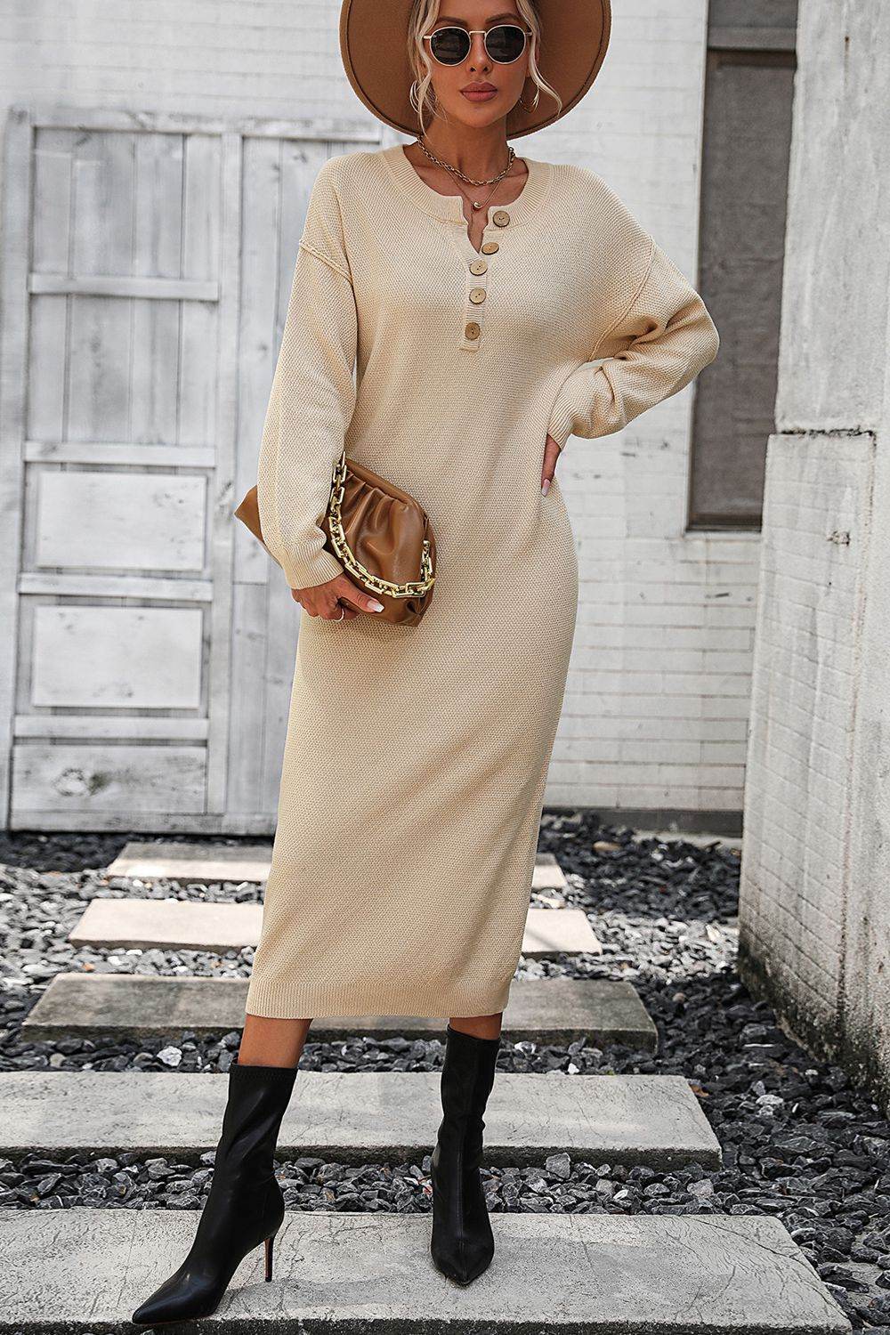 Notched Neck Dropped Shoulder Button-Down Midi Dress Beige for a perfect OOTD – dress to impress outfits from Amexza