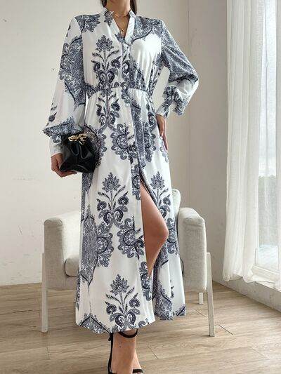 Printed Notched Lantern Sleeve Midi Dress for a perfect OOTD – dress to impress outfits from Amexza