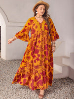 Plus Size Lace Detail Printed V-Neck Maxi Dress - Amexza