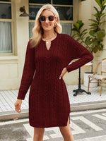 Notched Neck Cable-Knit Slit Sweater Dress Wine for a perfect OOTD – dress to impress outfits from Amexza
