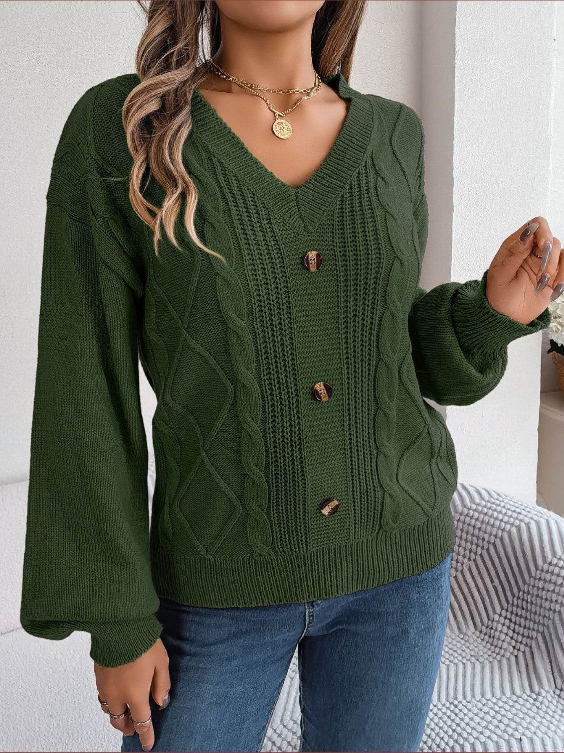Cable-Knit Buttoned V-Neck Sweater Army Green for a perfect OOTD – dress to impress outfits from Amexza