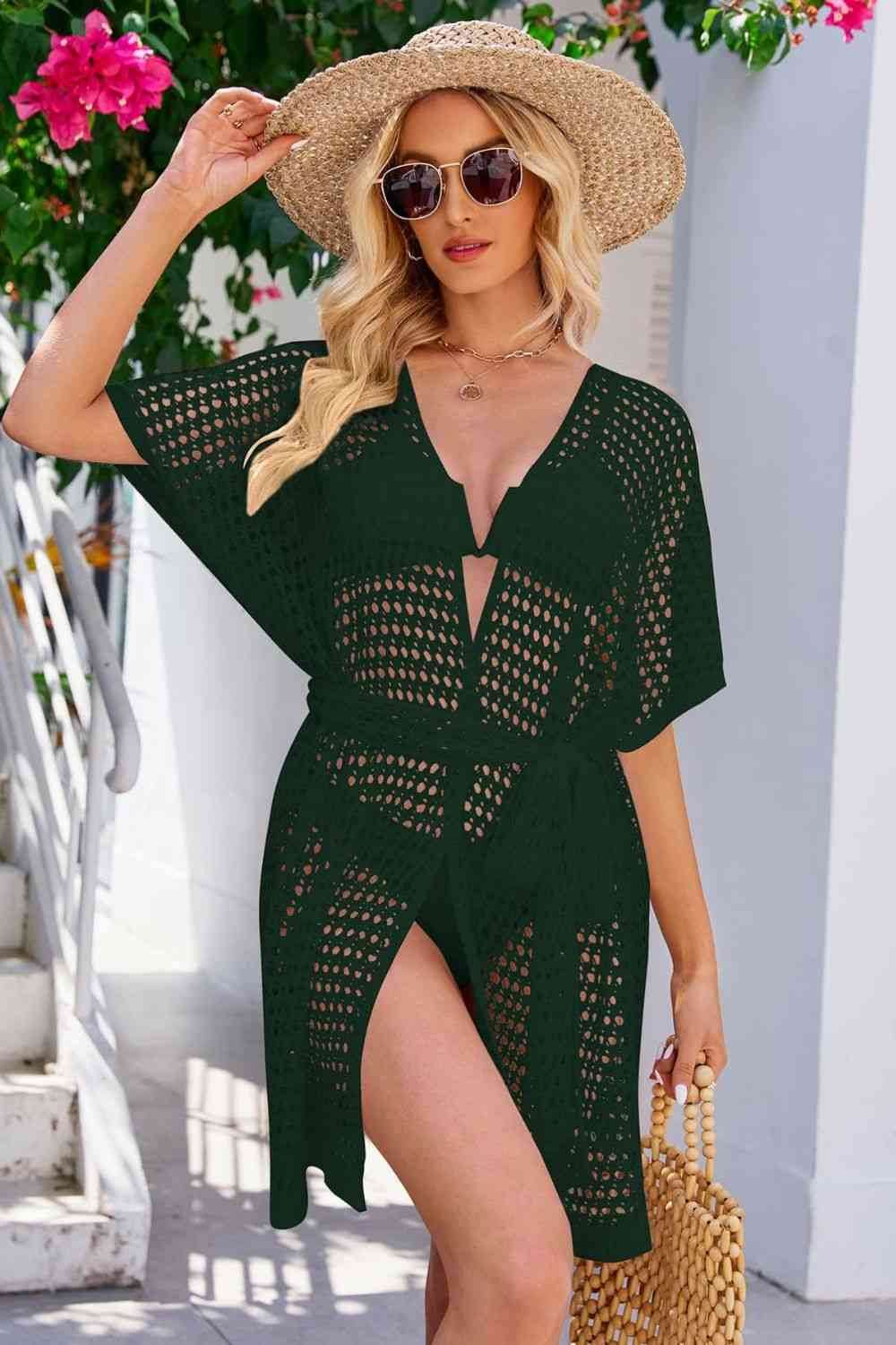 Openwork Tie Waist Cover Up Forest for a perfect OOTD – dress to impress outfits from Amexza