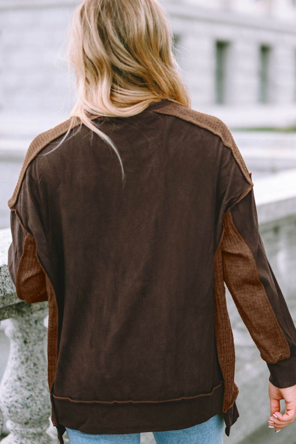 Ribbed Exposed Seam Dropped Shoulder Blouse - Amexza