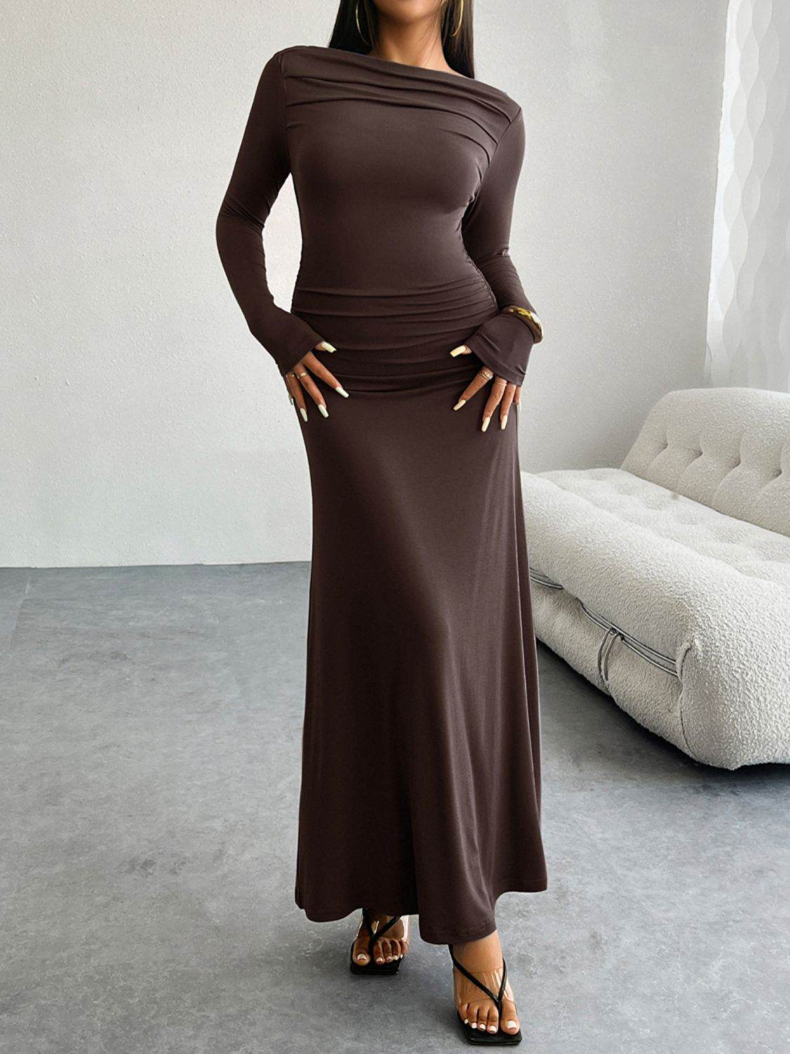 Devine Ruched Long Sleeve Maxi Dress - Amexza