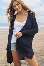 Openwork Side Slit Open Front Long Sleeve Cardigan - Amexza