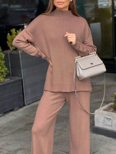 Slit Mock Neck Top and Pants Sweater Set Ochre for a perfect OOTD – dress to impress outfits from Amexza