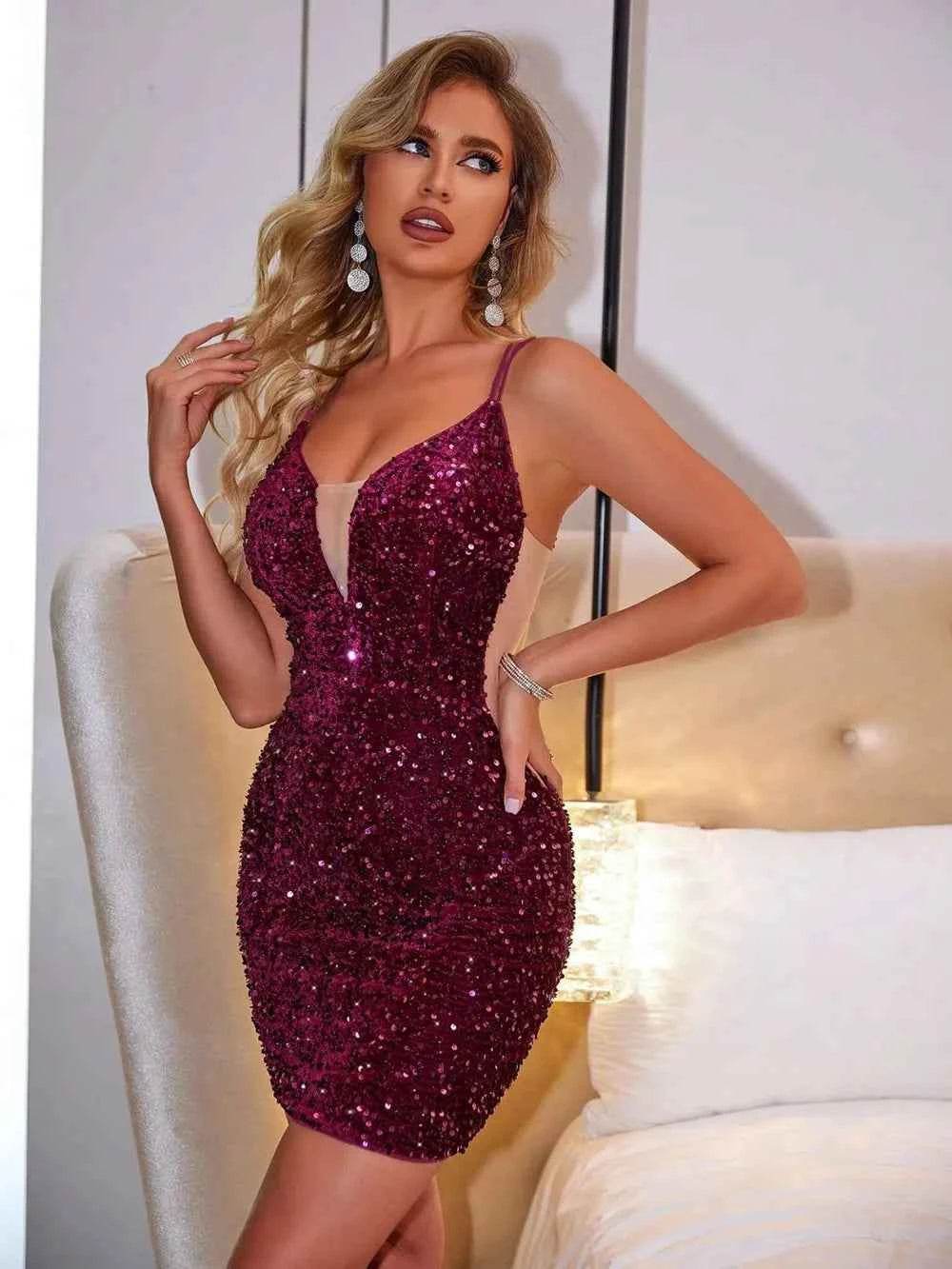 Lace-Up Sequin Plunge Sleeveless Dress for a perfect OOTD – dress to impress outfits from Amexza