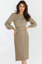 Round Neck Long Sleeve Pleated Sweater Dress Khaki for a perfect OOTD – dress to impress outfits from Amexza