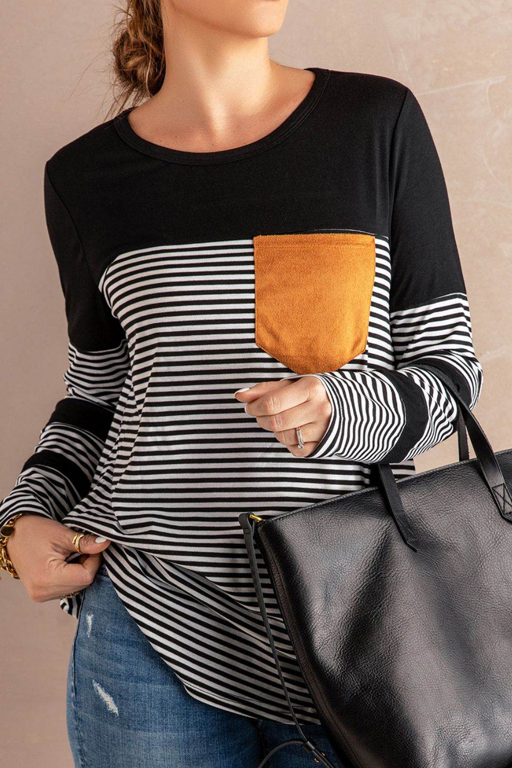 Striped Round Neck Long Sleeve T-Shirt - Amexza