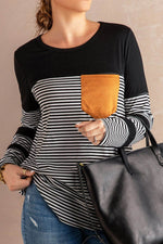 Striped Round Neck Long Sleeve T-Shirt - Amexza