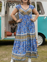 Plus Size Smocked Printed Cap Sleeve Dress - Amexza