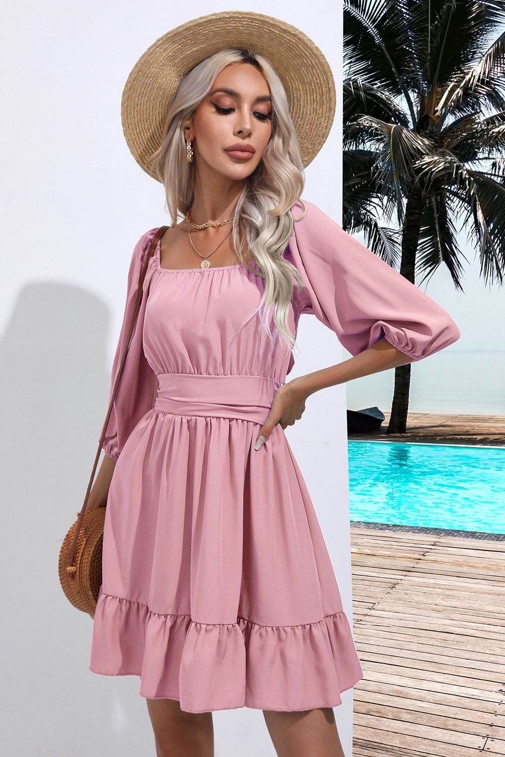 Square Neck Tie Back Ruffle Hem Dress - Amexza