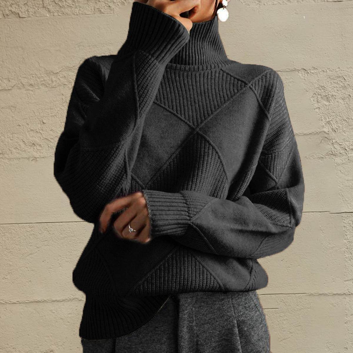 Geometric Turtleneck Long Sleeve Sweater Black for a perfect OOTD – dress to impress outfits from Amexza