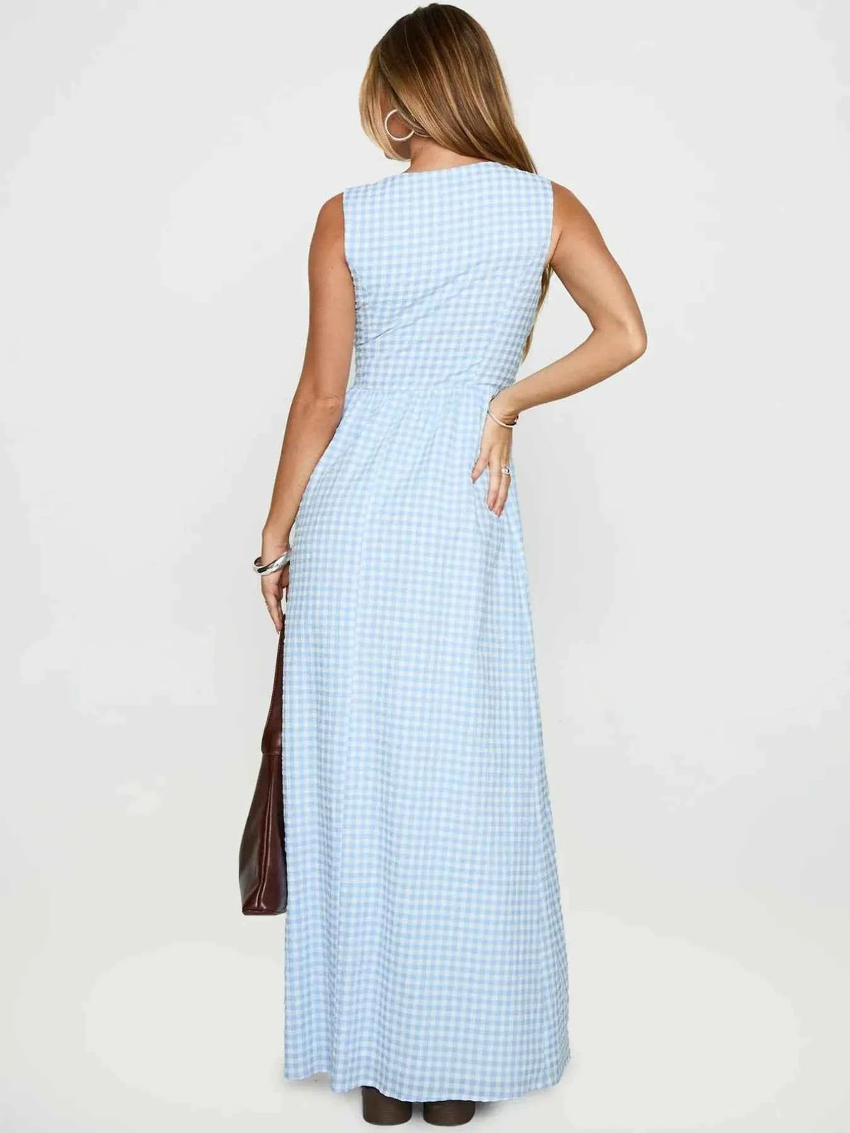 Plaid Tie Front Sleeveless Maxi Dress