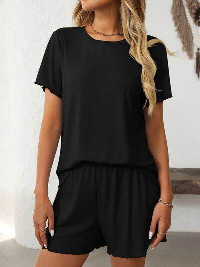 Mandy Round Neck Short Sleeve Top and Shorts Set Black for a perfect OOTD – dress to impress outfits from Amexza