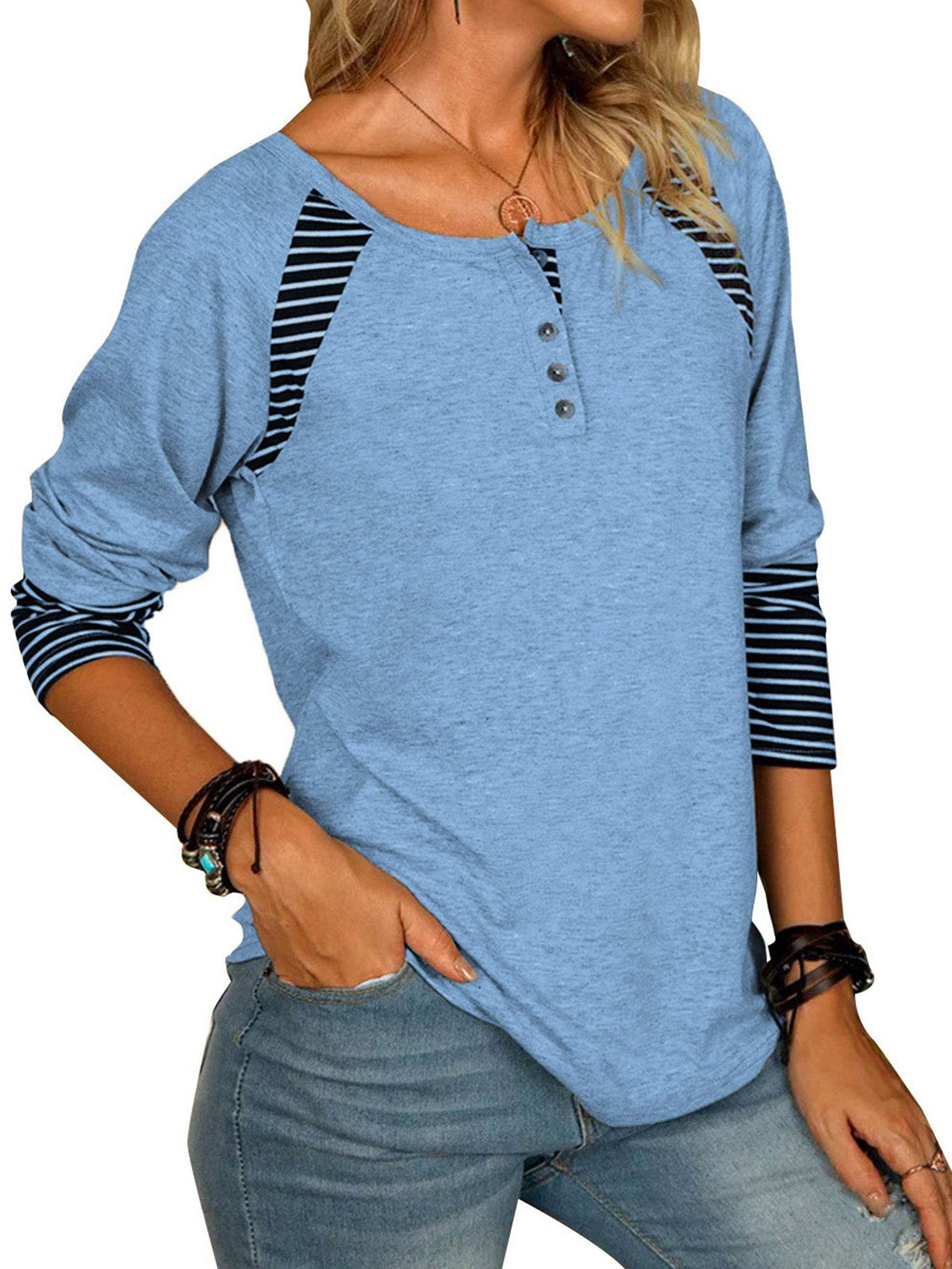 Full Size Striped Quarter Button Long Sleeve T-Shirt - Amexza