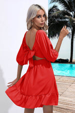 Square Neck Tie Back Ruffle Hem Dress - Amexza