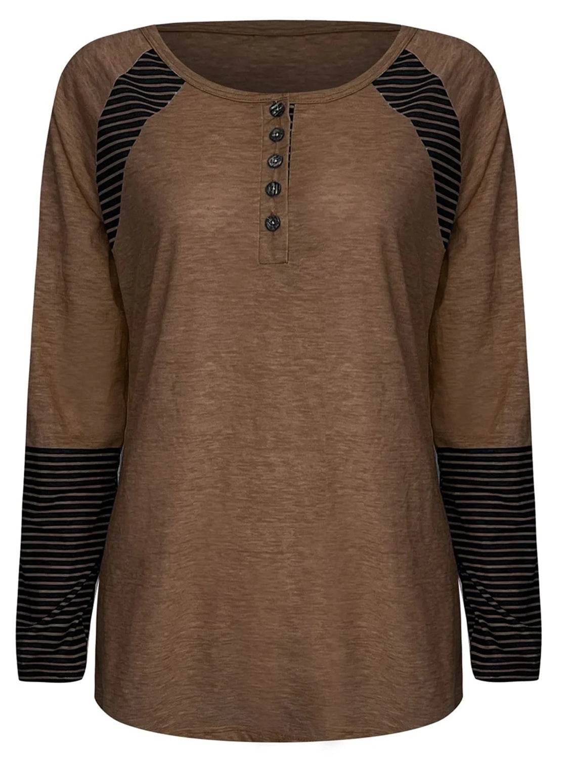 Full Size Striped Quarter Button Long Sleeve T-Shirt - Amexza
