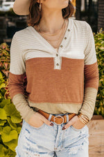 Color Block V-Neck Long Sleeve Top - Amexza