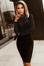 Rhinestone Mock Neck Long Sleeve Dress - Amexza