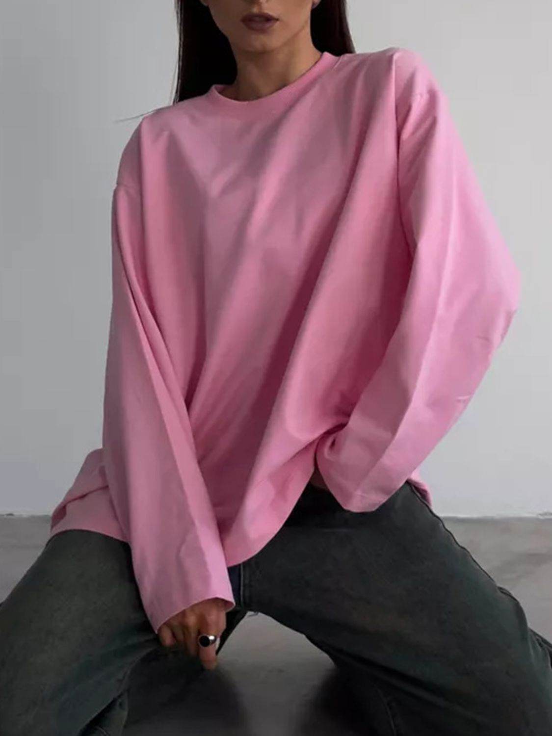 Round Neck Dropped Shoulder Long Sleeve T-Shirt - Amexza