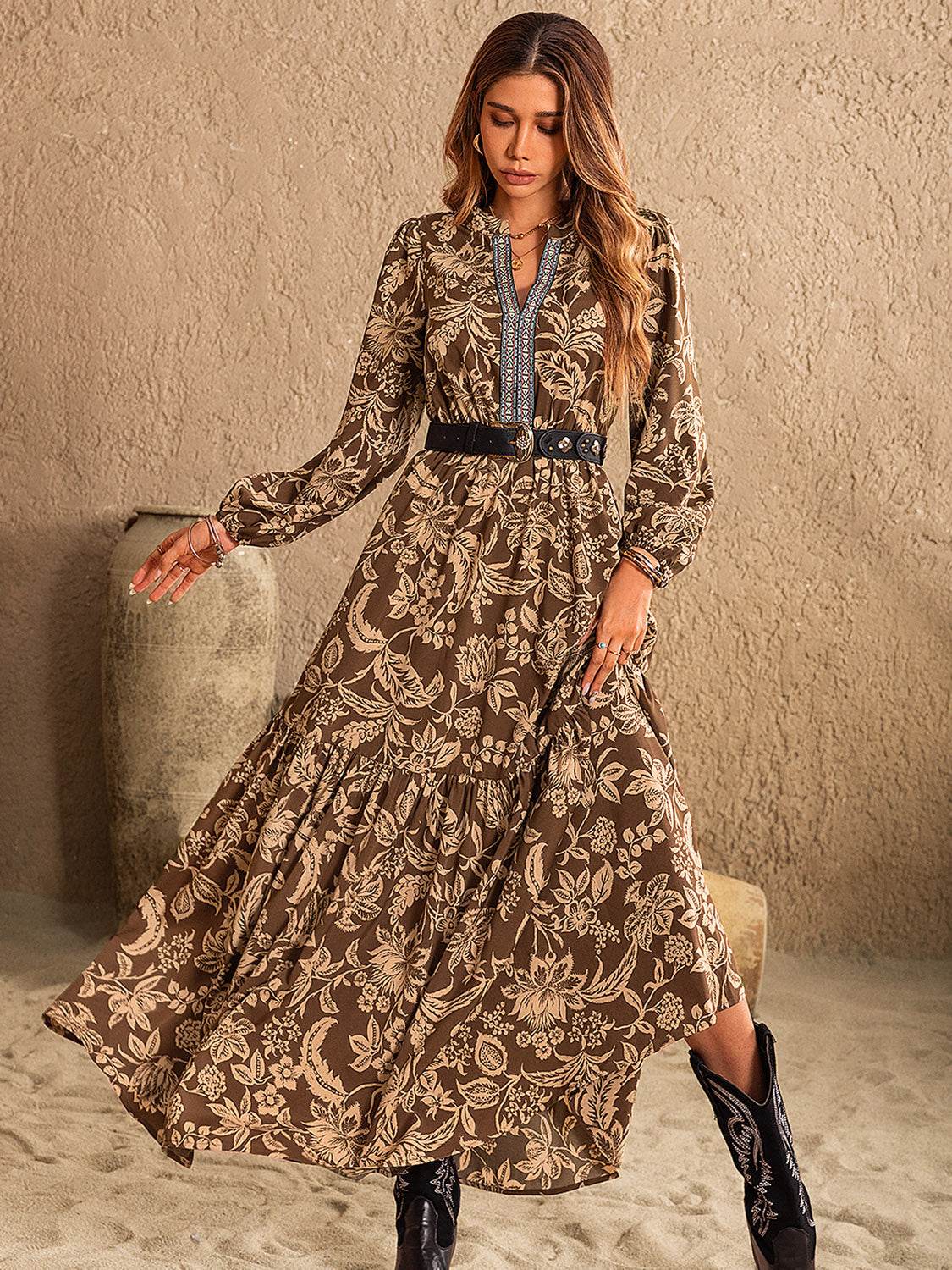 Ruched Printed Notched Long Sleeve Maxi Dress - Amexza