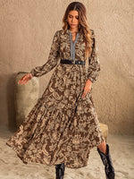 Ruched Printed Notched Long Sleeve Maxi Dress - Amexza