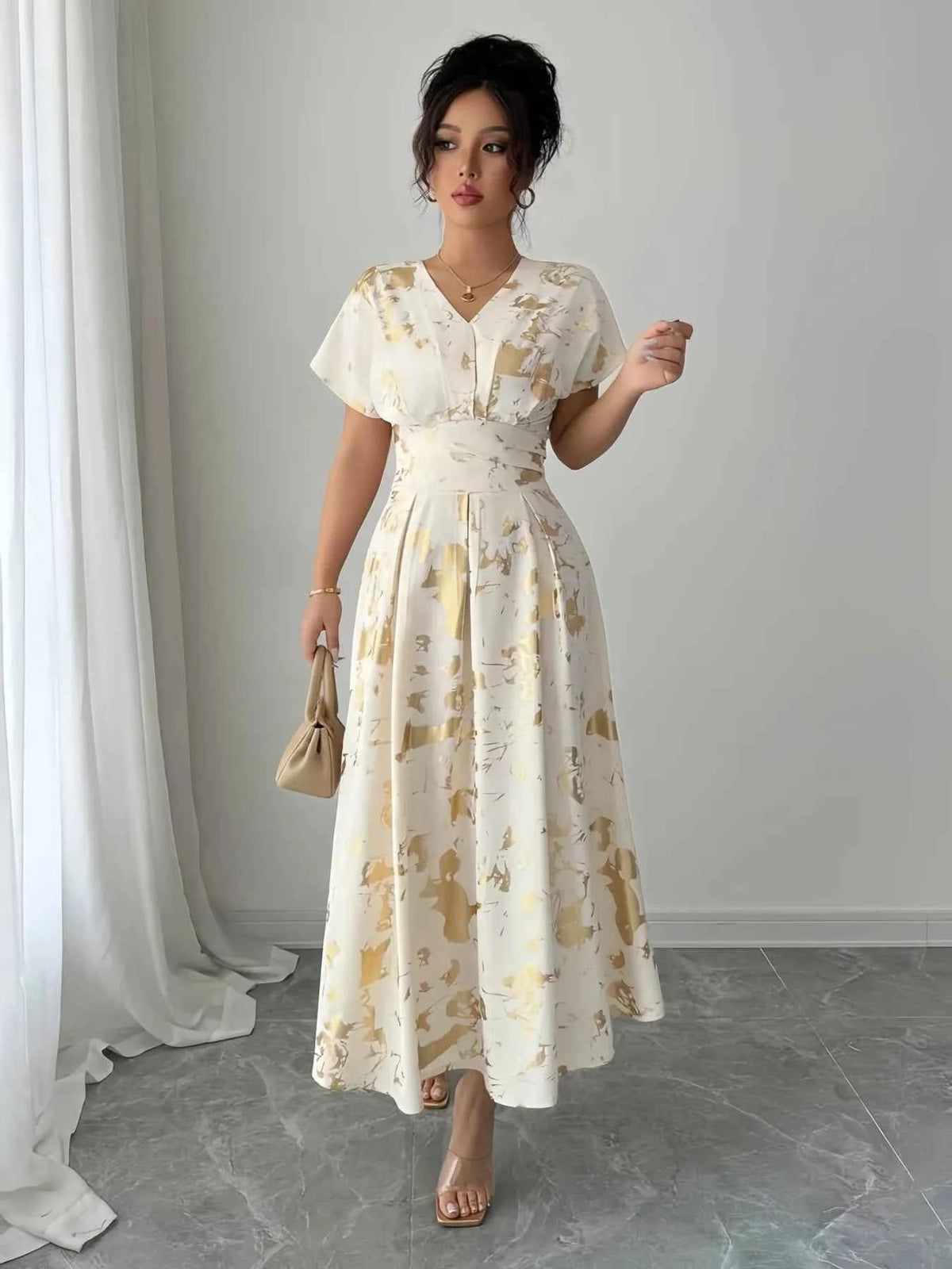 Printed V-Neck Short Sleeve Dress