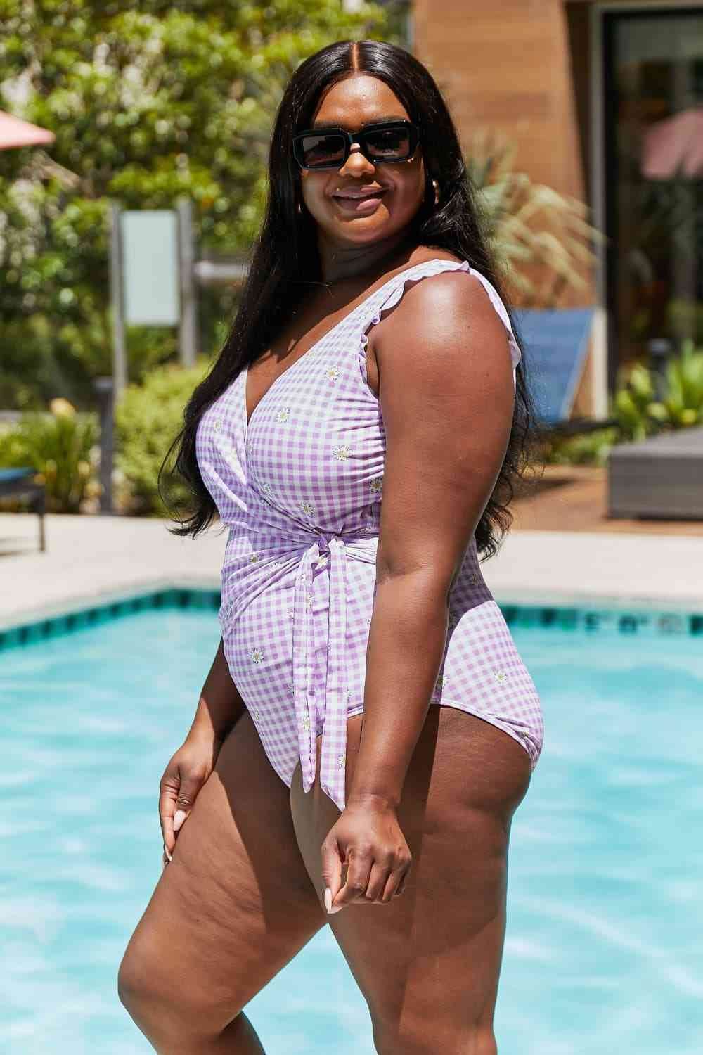 Marina West Swim Full Size Float On Ruffle Faux Wrap One-Piece in Carnation Pink for a perfect OOTD – dress to impress outfits from Amexza