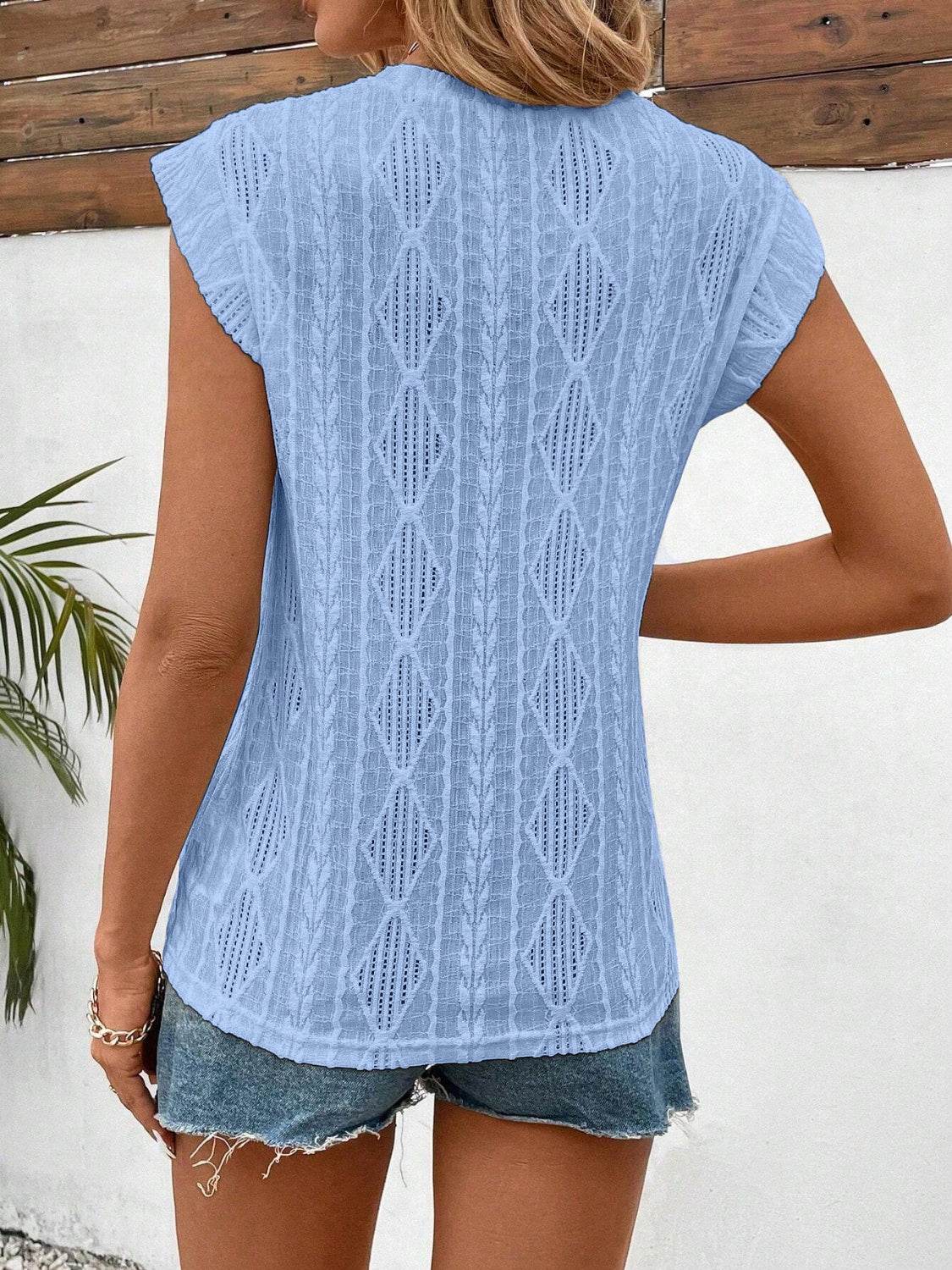 Openwork Round Neck Cap Sleeve Top - Amexza