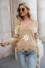 Flower Distressed Long Sleeve Sweater for a perfect OOTD – dress to impress outfits from Amexza