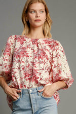 Umgee Floral Pleated Detail Lace Trim Sleeve Blouse - Amexza