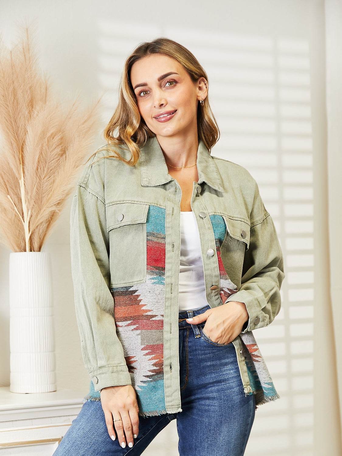 Dropped Shoulder Long Sleeve Printed Denim Jacket for a perfect OOTD – dress to impress outfits from Amexza