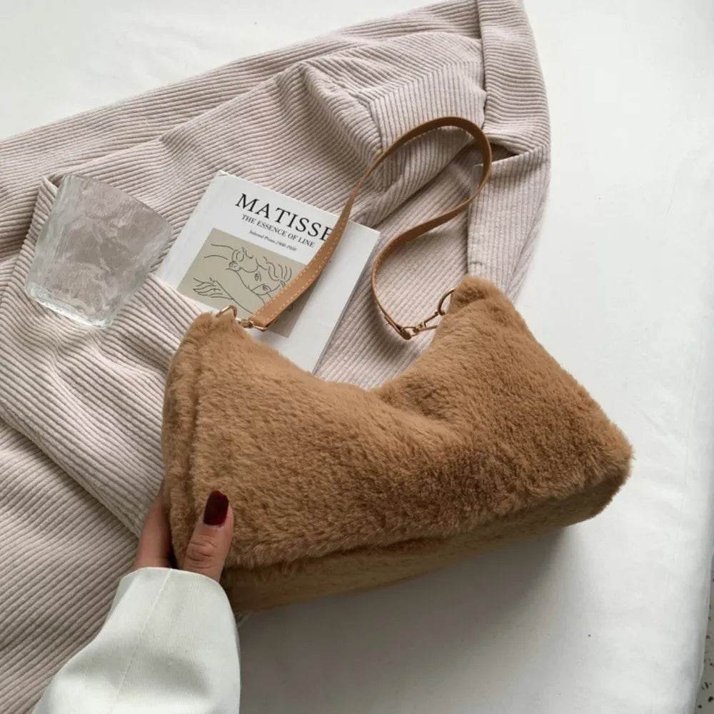 Faux Fur Removable Strap Shoulder Bag Khaki One Size for a perfect OOTD – dress to impress outfits from Amexza
