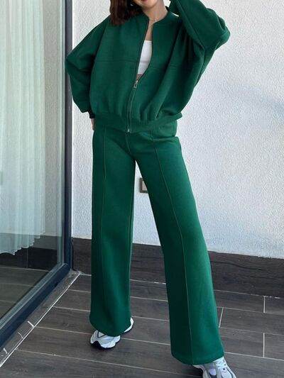 Baseball Collar Zip Up Top and Drawstring Paants Set Dark Green for a perfect OOTD – dress to impress outfits from Amexza