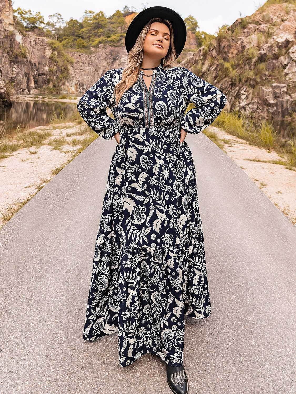 Plus Size Long Sleeve Maxi Dress - Amexza