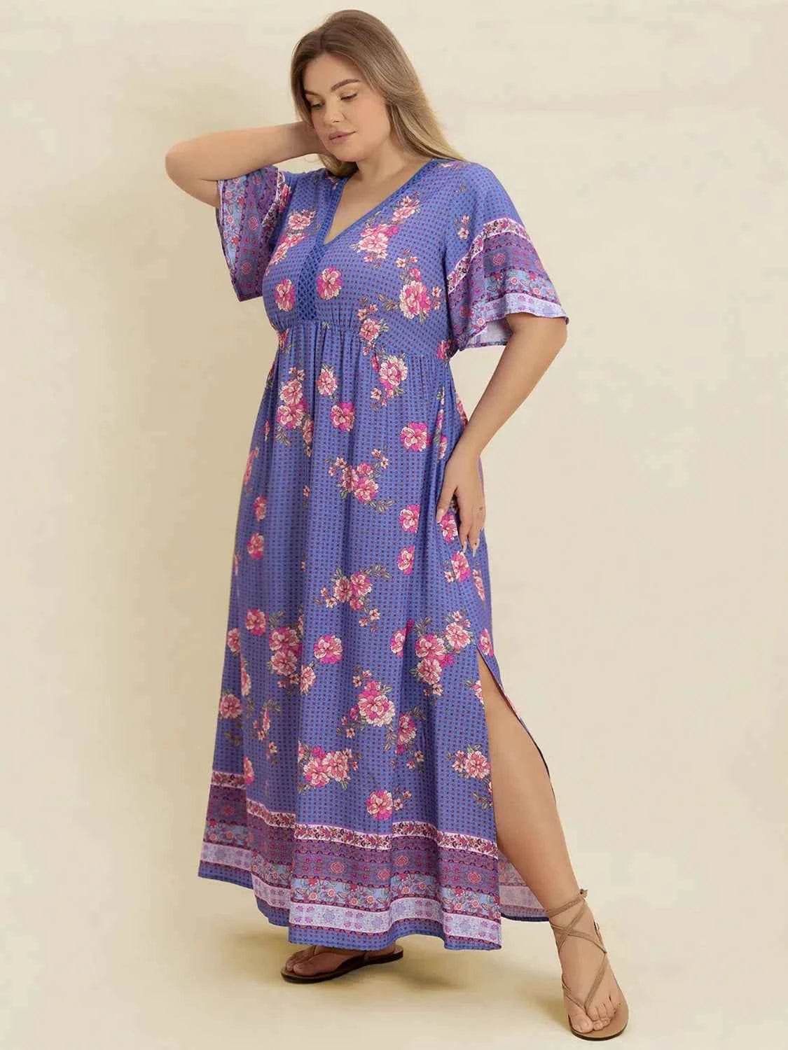Plus Size Printed V-Neck Flutter Sleeve Dress for a perfect OOTD – dress to impress outfits from Amexza