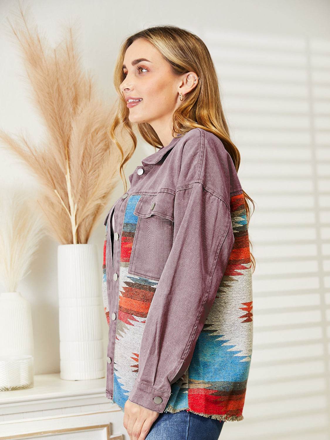 Dropped Shoulder Long Sleeve Printed Denim Jacket for a perfect OOTD – dress to impress outfits from Amexza