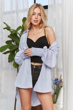 ADORA High-Low Striped Button Down Smocked Lantern Sleeve Shirt - Amexza