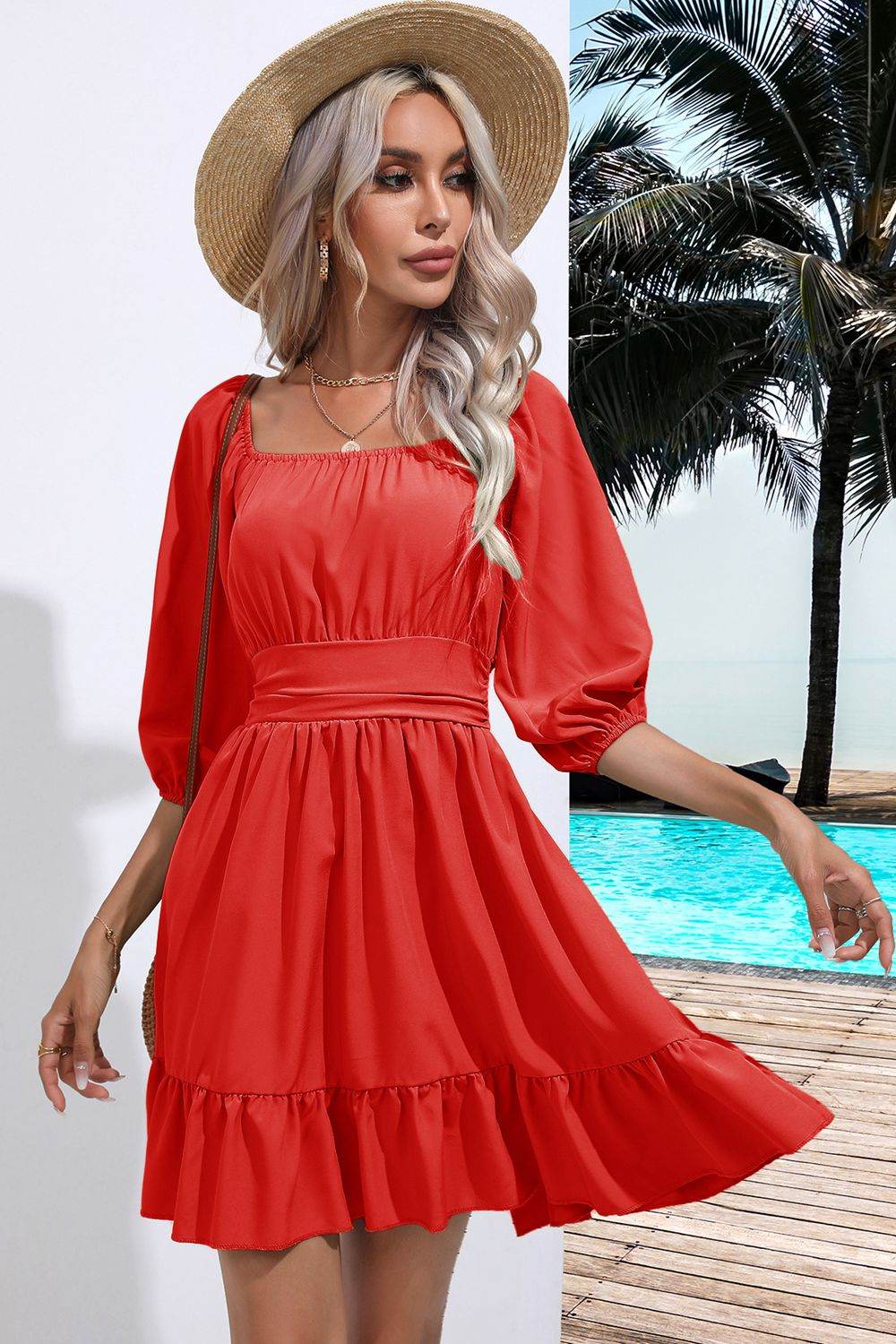 Square Neck Tie Back Ruffle Hem Dress - Amexza