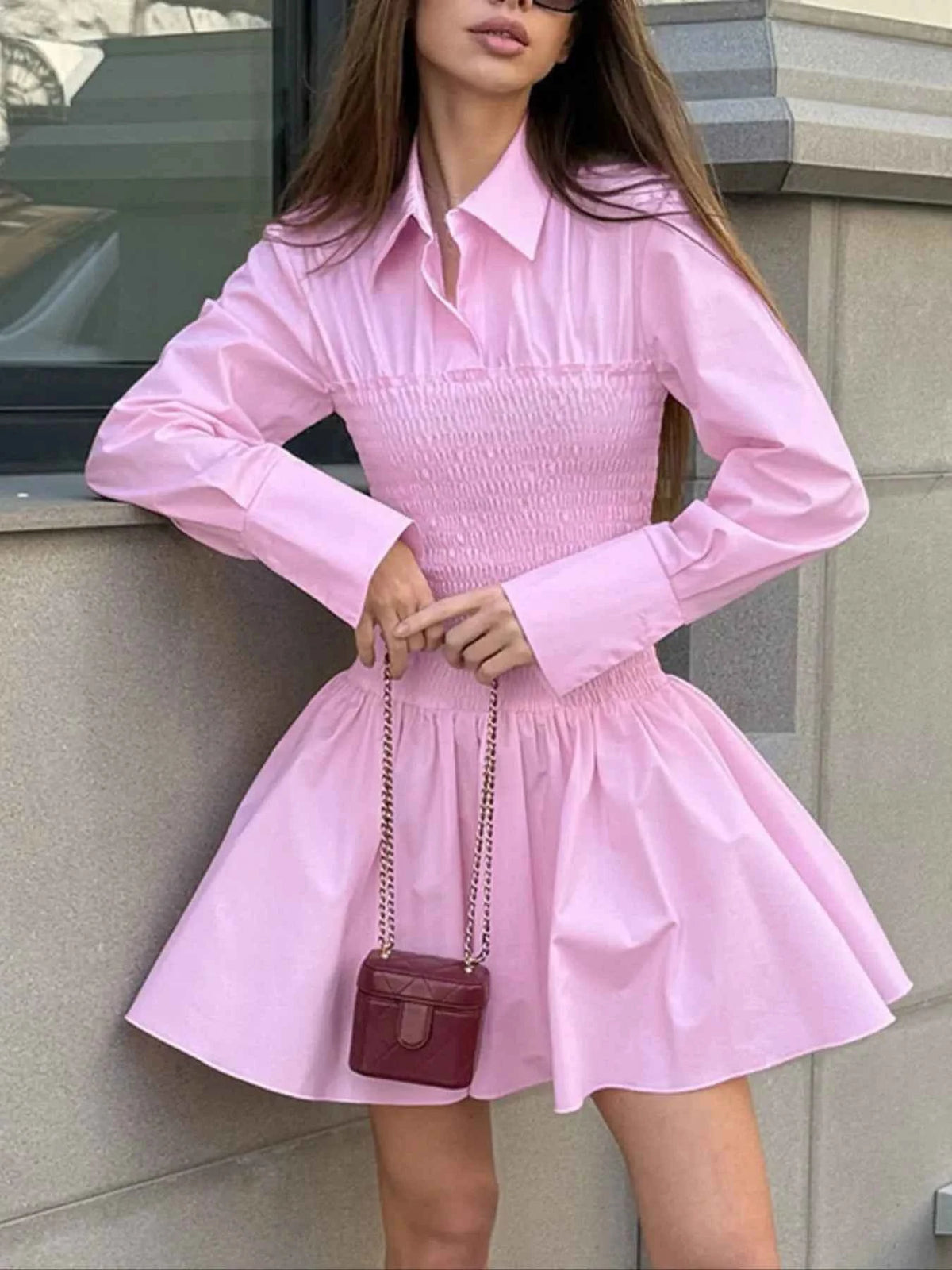 Smocked Long Sleeve Shirt Dress