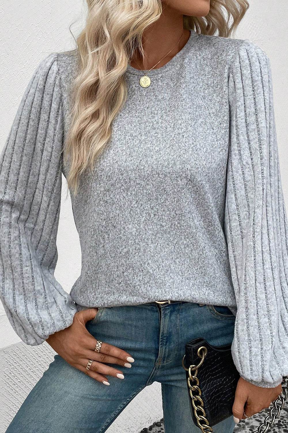 Ribbed Round Neck Long Sleeve Knit Top - Amexza