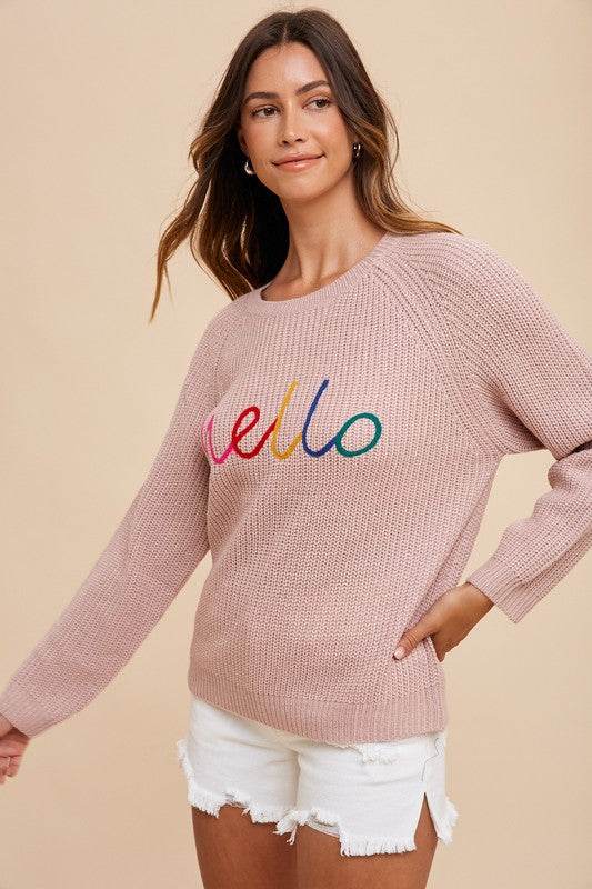 Annie Wear HELLO Embroidered Raglan Sleeve Sweater for a perfect OOTD – dress to impress outfits from Amexza