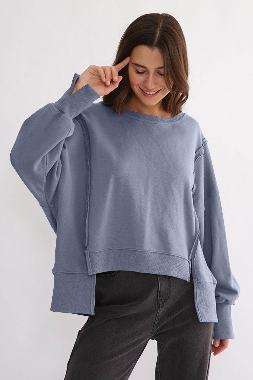 Exposed Seam High-Low Long Sleeve Sweatshirt Dusty Blue One Size for a perfect OOTD – dress to impress outfits from Amexza