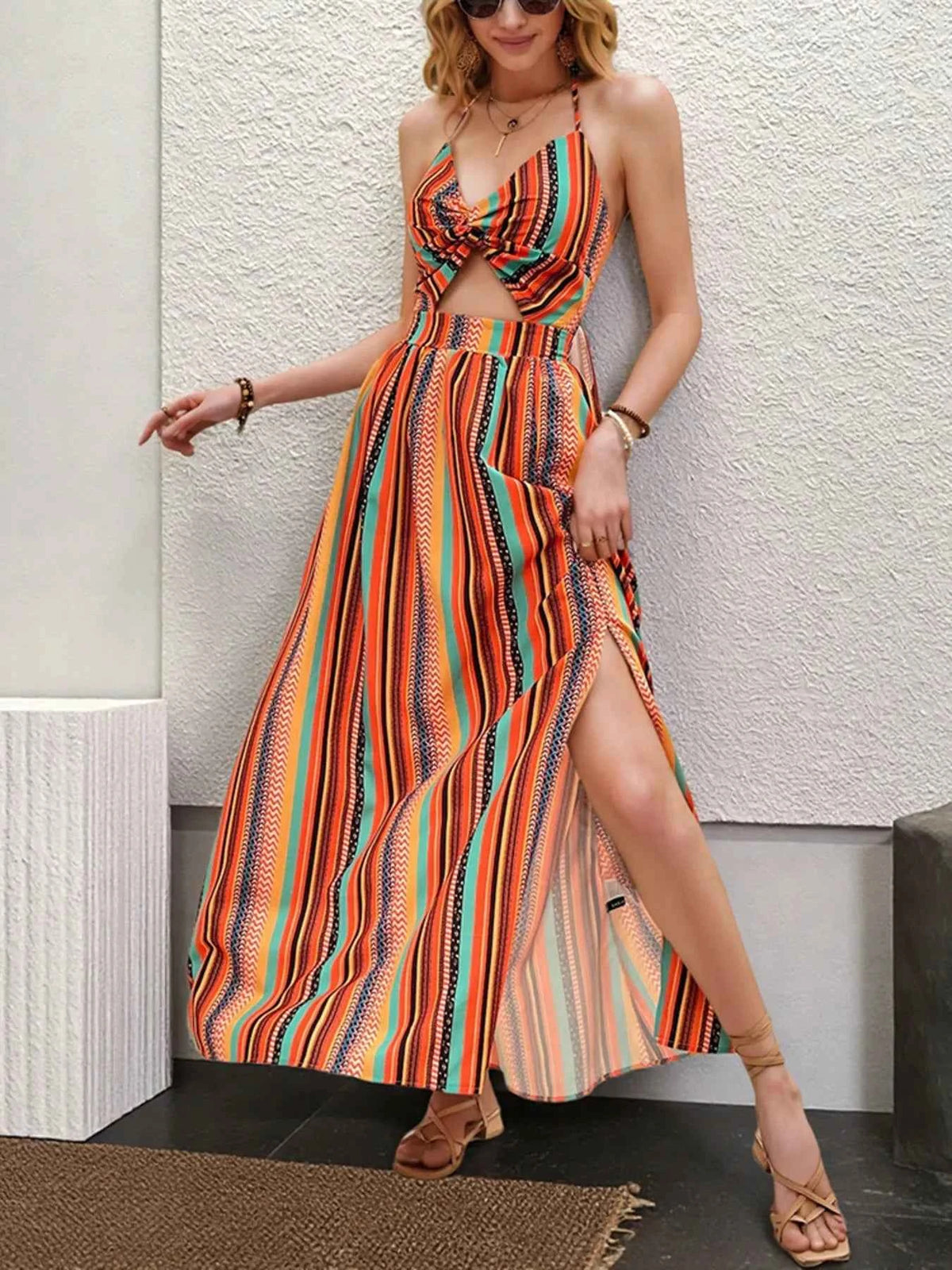 Striped Halter Maxi Dress with Cutout Detail