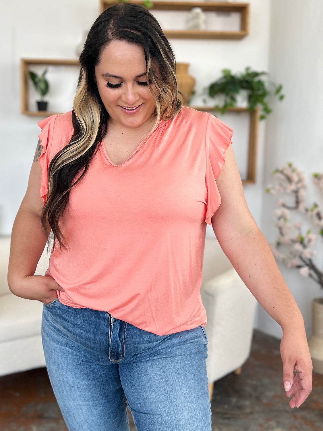 Basic Bae Full Size Bamboo Notched Ruffled Short Sleeve T-Shirt for a perfect OOTD – dress to impress outfits from Amexza